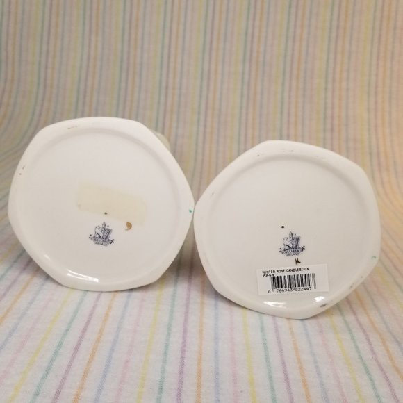 Belleek Pottery Ireland Winter Rose Candle Sticks Pair Porcelain Holly Floral - Picture 7 of 8